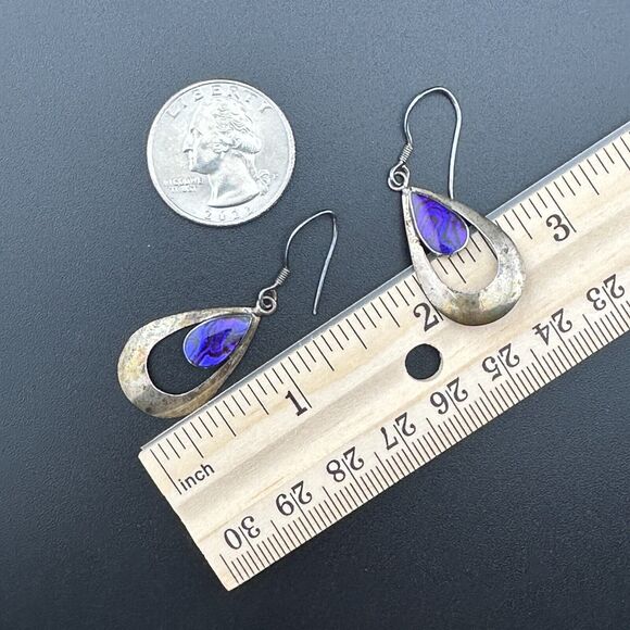 Vintage 925 Silver Purple Abalone Shell MOP in Resin Dangle Hook Earrings 1.75" - Picture 11 of 12